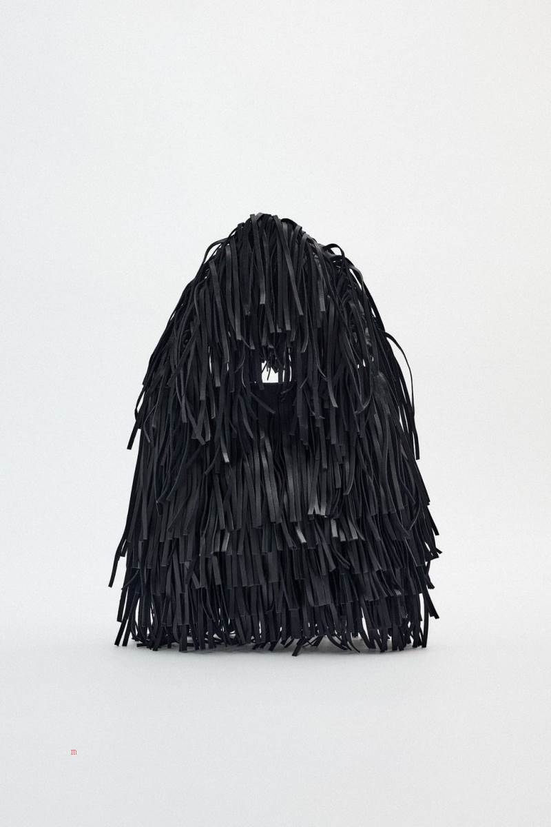 ZARA FRINGED LEATHER BUCKET BAG Läderväska Dam Svarta | QUBWP-1427