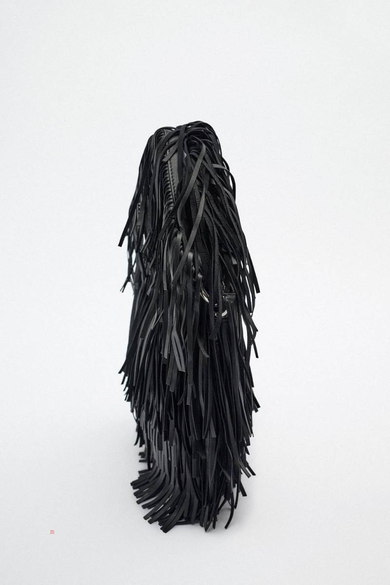 ZARA FRINGED LEATHER BUCKET BAG Läderväska Dam Svarta | QUBWP-1427