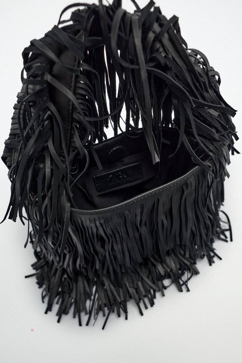ZARA FRINGED LEATHER BUCKET BAG Läderväska Dam Svarta | QUBWP-1427