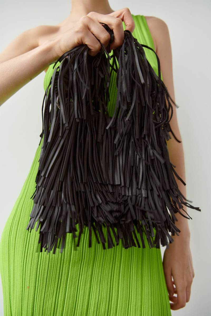 ZARA FRINGED LEATHER BUCKET BAG Läderväska Dam Svarta | QUBWP-1427