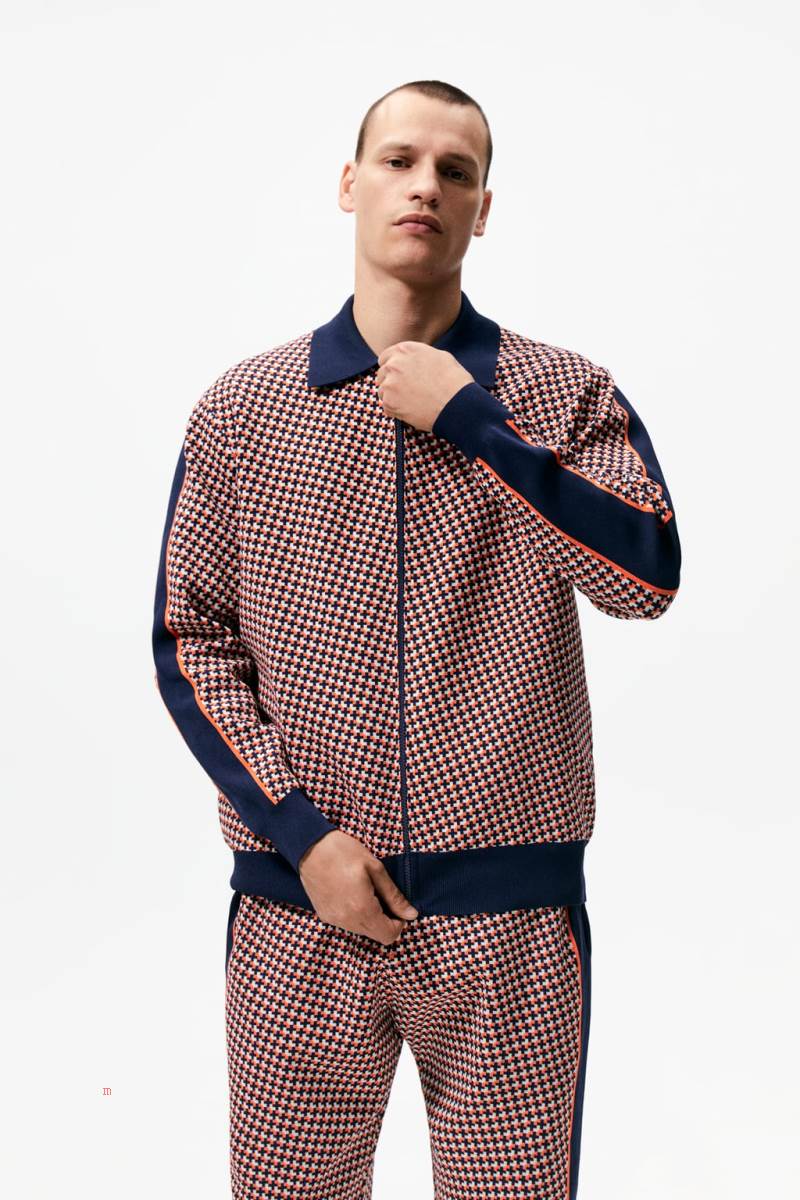 ZARA GEOMETRIC JACQUARD Cardigan Herr Marinblå Blå | HBOFZ-8629