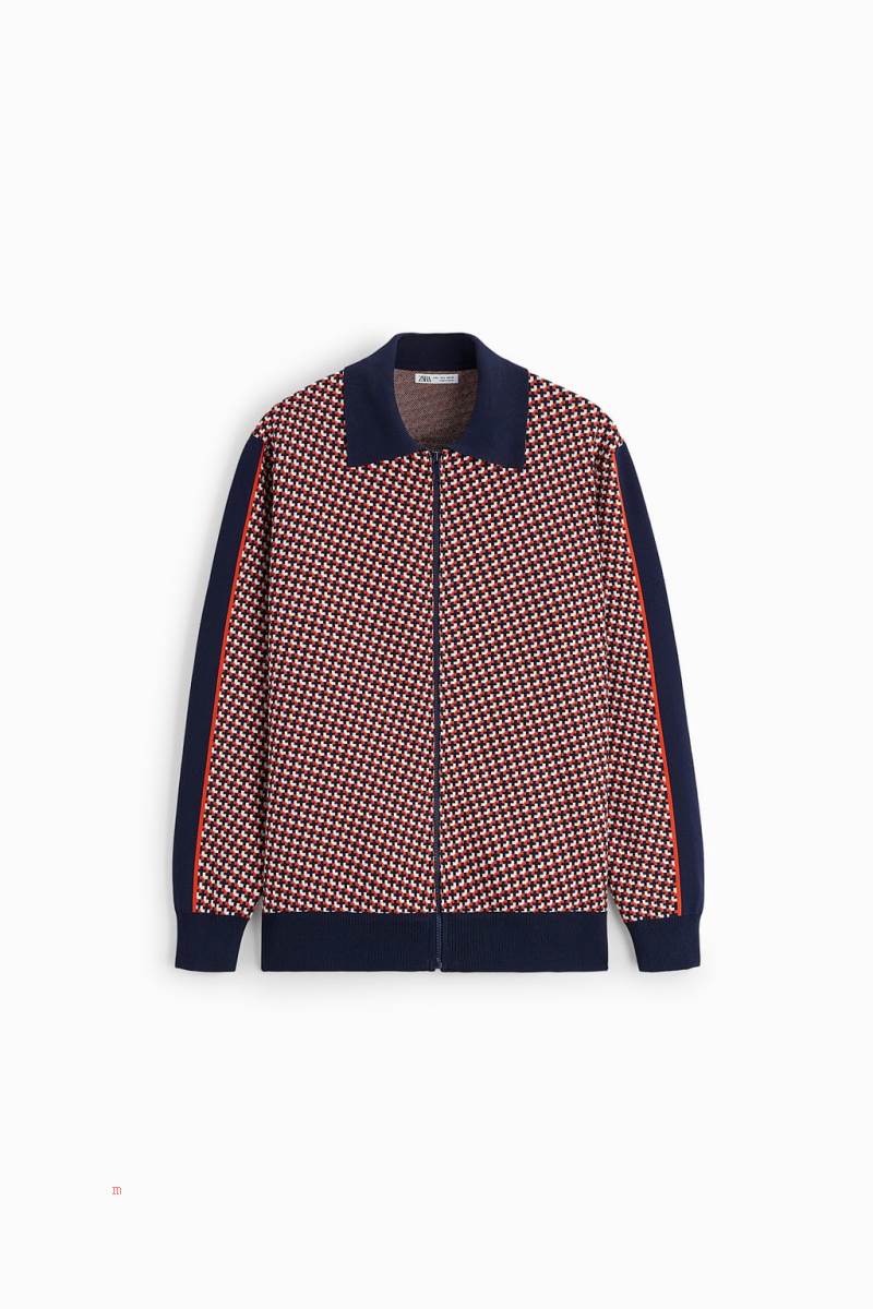 ZARA GEOMETRIC JACQUARD Cardigan Herr Marinblå Blå | HBOFZ-8629