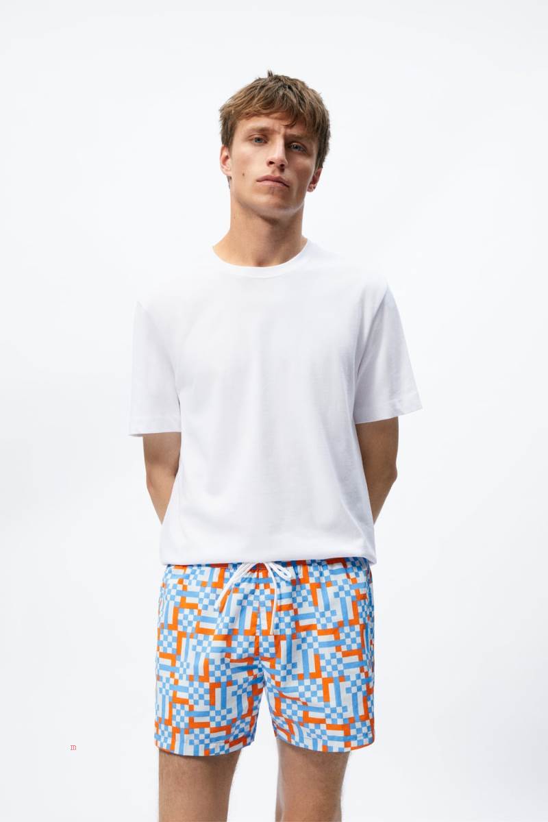 ZARA GEOMETRIC PRINT SWIMMING TRUNKS Badkläder Herr Blå | BYWLP-9654