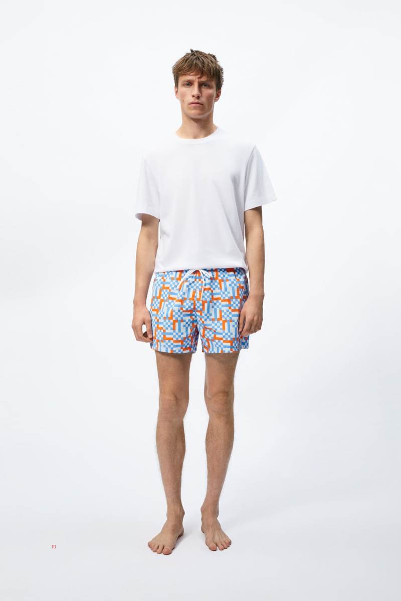 ZARA GEOMETRIC PRINT SWIMMING TRUNKS Badkläder Herr Blå | BYWLP-9654