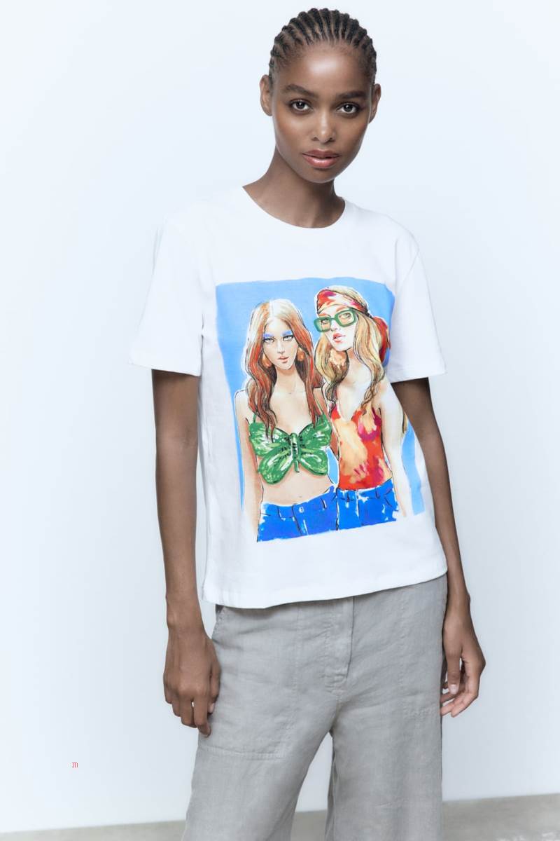 ZARA GIRL PRINT T-shirt Dam Vita | TYVRU-0658