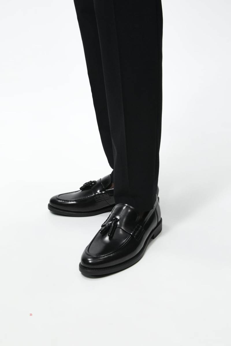 ZARA GLOSSY LEATHER Loafers Herr Svarta | HMZYB-5291