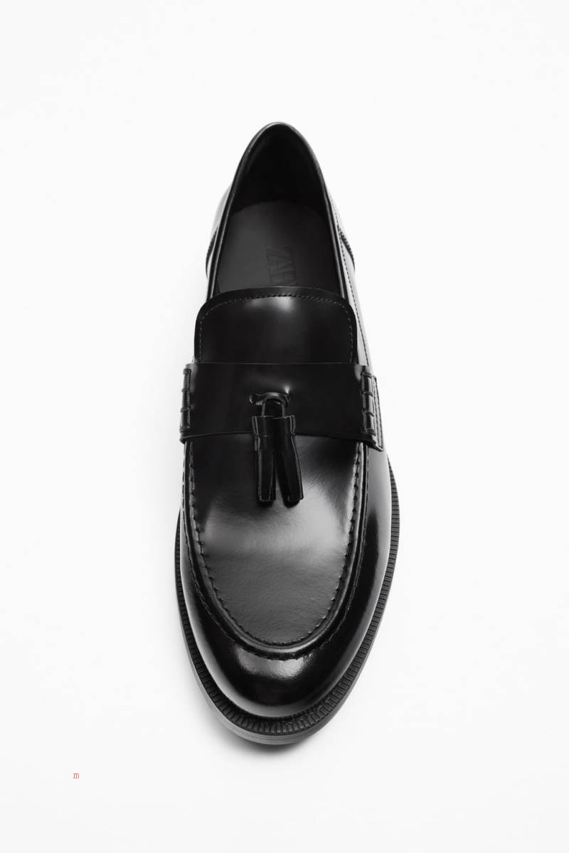 ZARA GLOSSY LEATHER Loafers Herr Svarta | HMZYB-5291