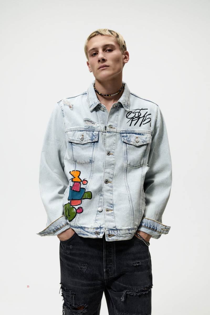 ZARA GRAFFITI PRINT Jeansjacka Herr Ljusblå | QJDCU-2847