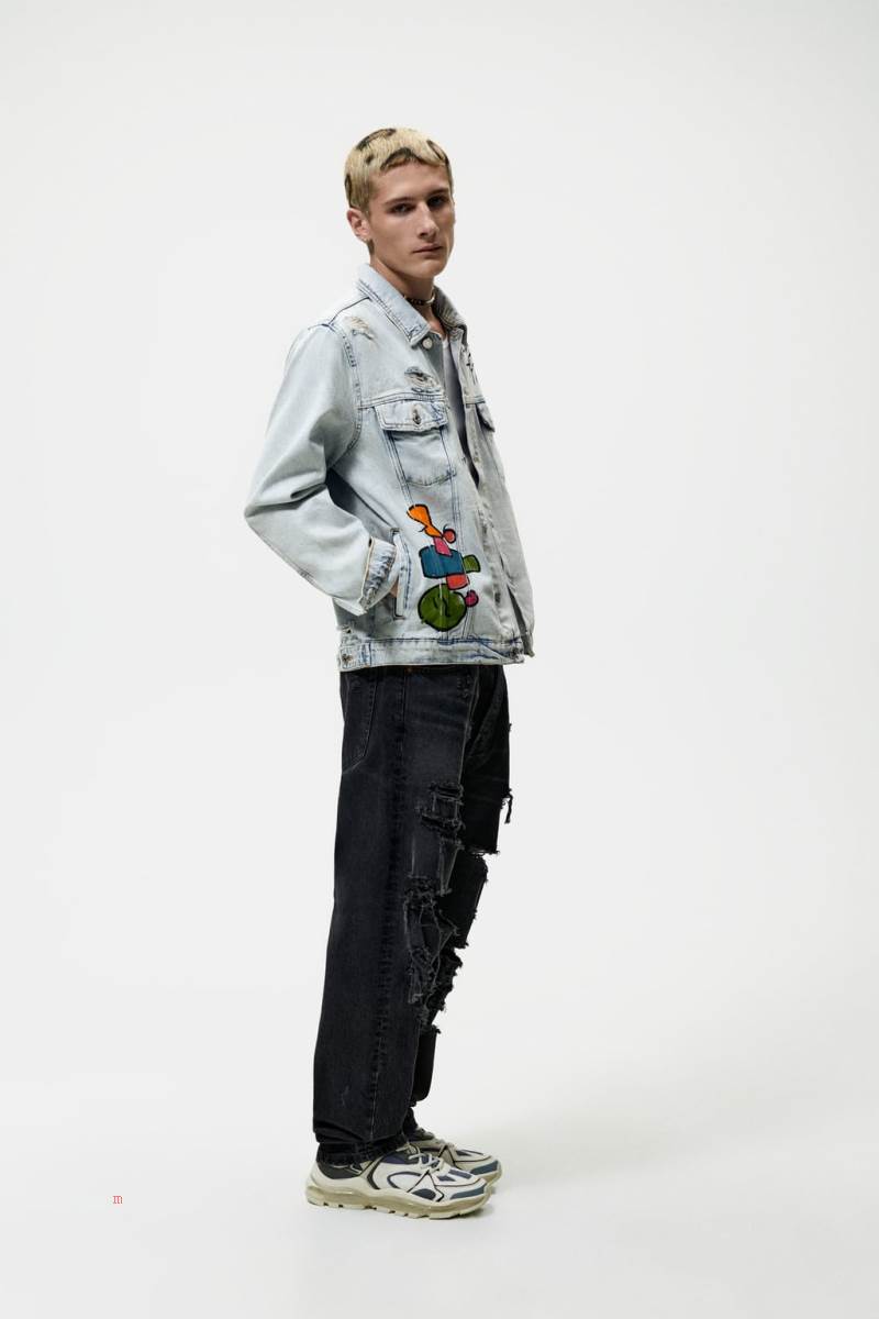 ZARA GRAFFITI PRINT Jeansjacka Herr Ljusblå | QJDCU-2847