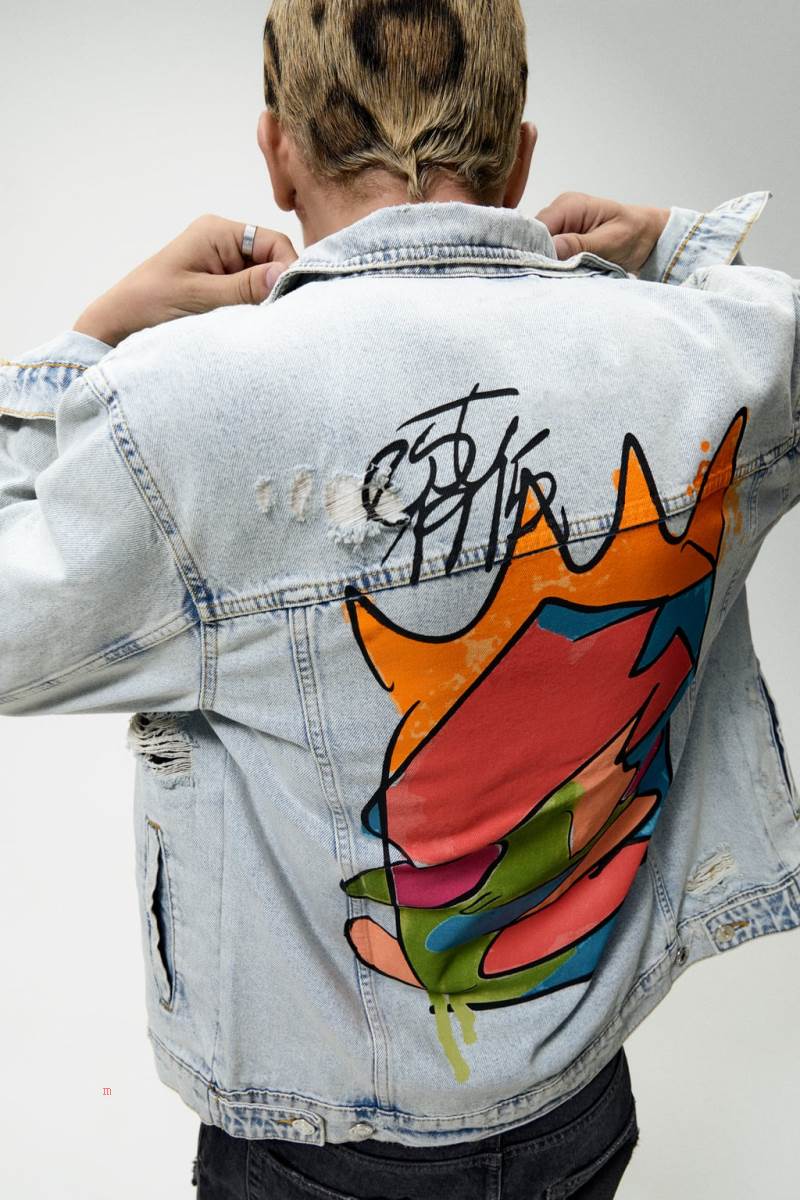 ZARA GRAFFITI PRINT Jeansjacka Herr Ljusblå | QJDCU-2847