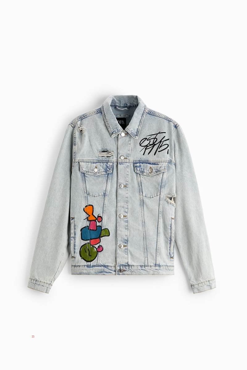 ZARA GRAFFITI PRINT Jeansjacka Herr Ljusblå | QJDCU-2847