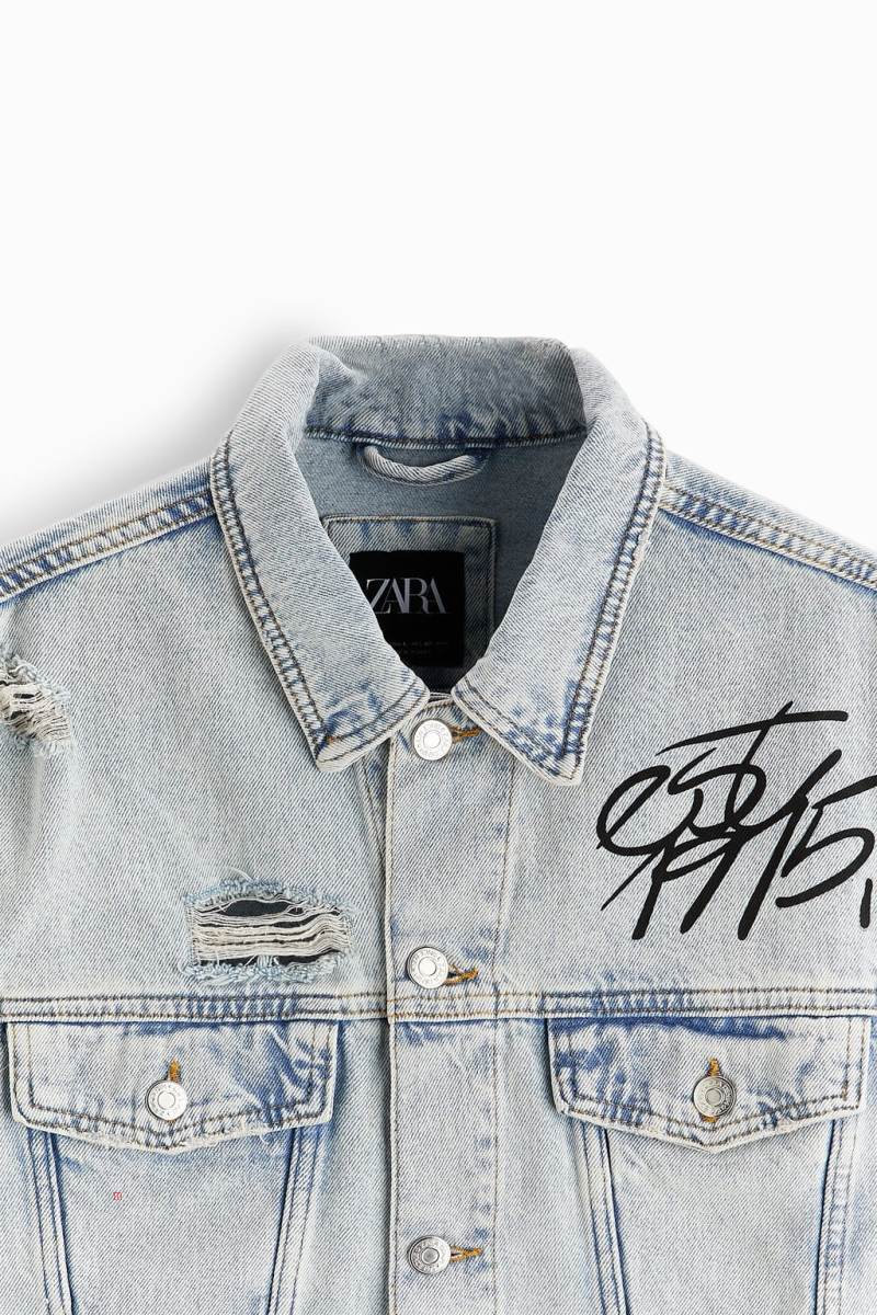 ZARA GRAFFITI PRINT Jeansjacka Herr Ljusblå | QJDCU-2847