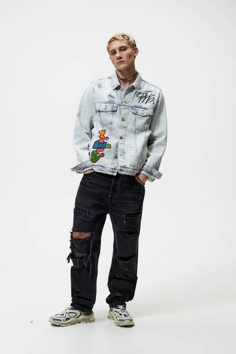 ZARA GRAFFITI PRINT Jeansjacka Herr Ljusblå | QJDCU-2847