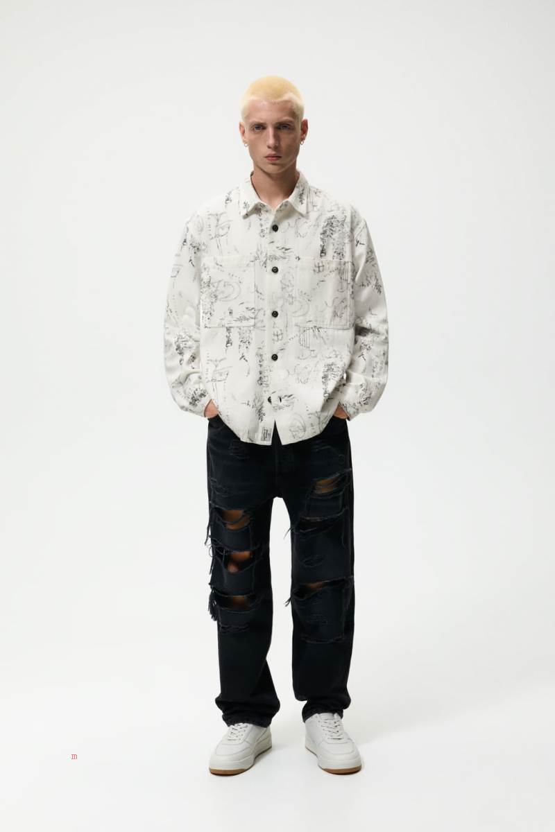 ZARA GRAFFITI PRINT Övertröja Herr Grå Vita | YGWID-7863