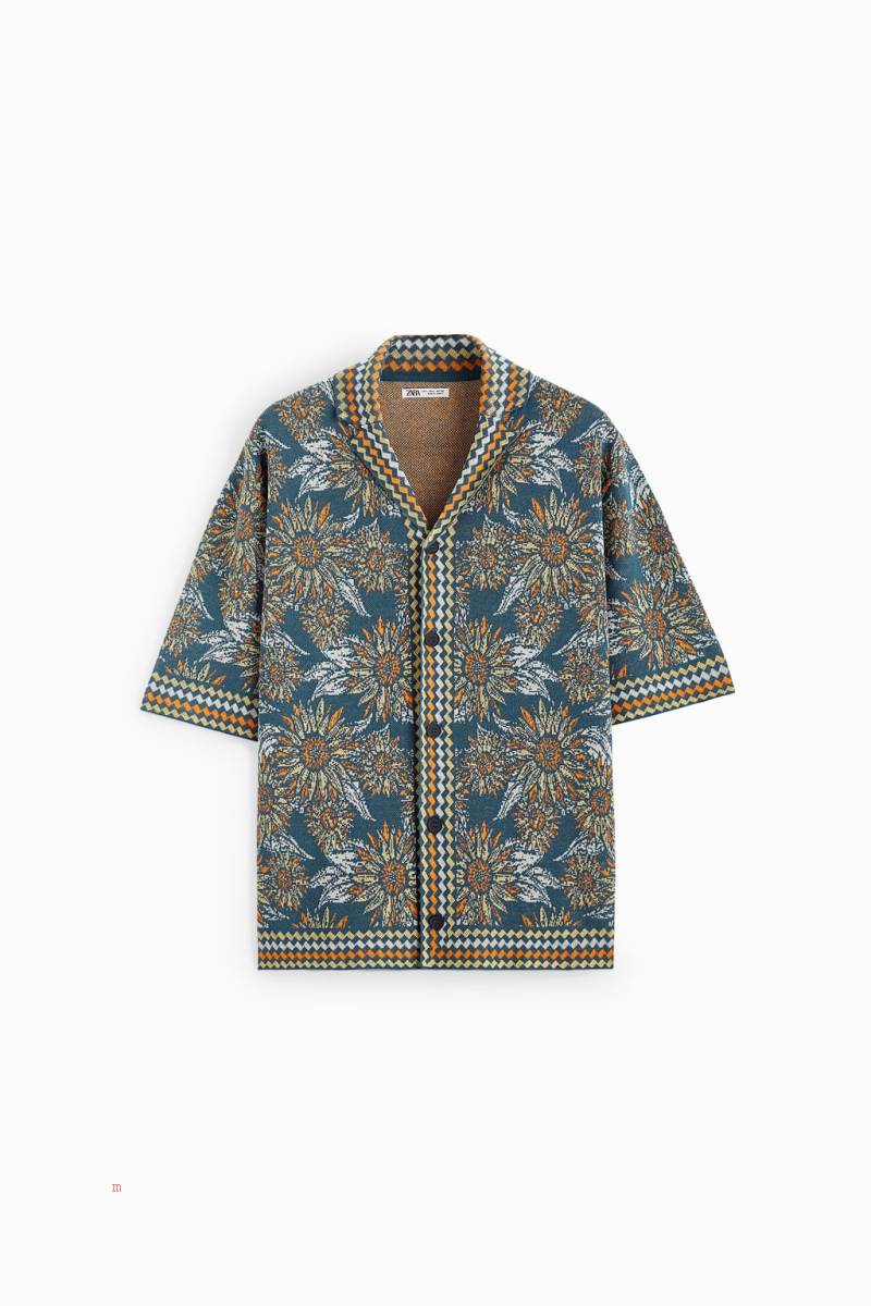 ZARA JACQUARD KNIT Skjorta Herr Gröna | SIKVB-1429