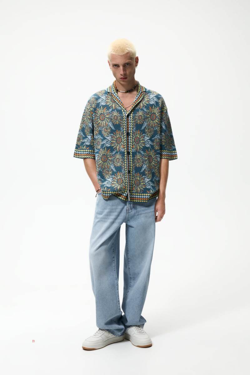 ZARA JACQUARD KNIT Skjorta Herr Gröna | SIKVB-1429