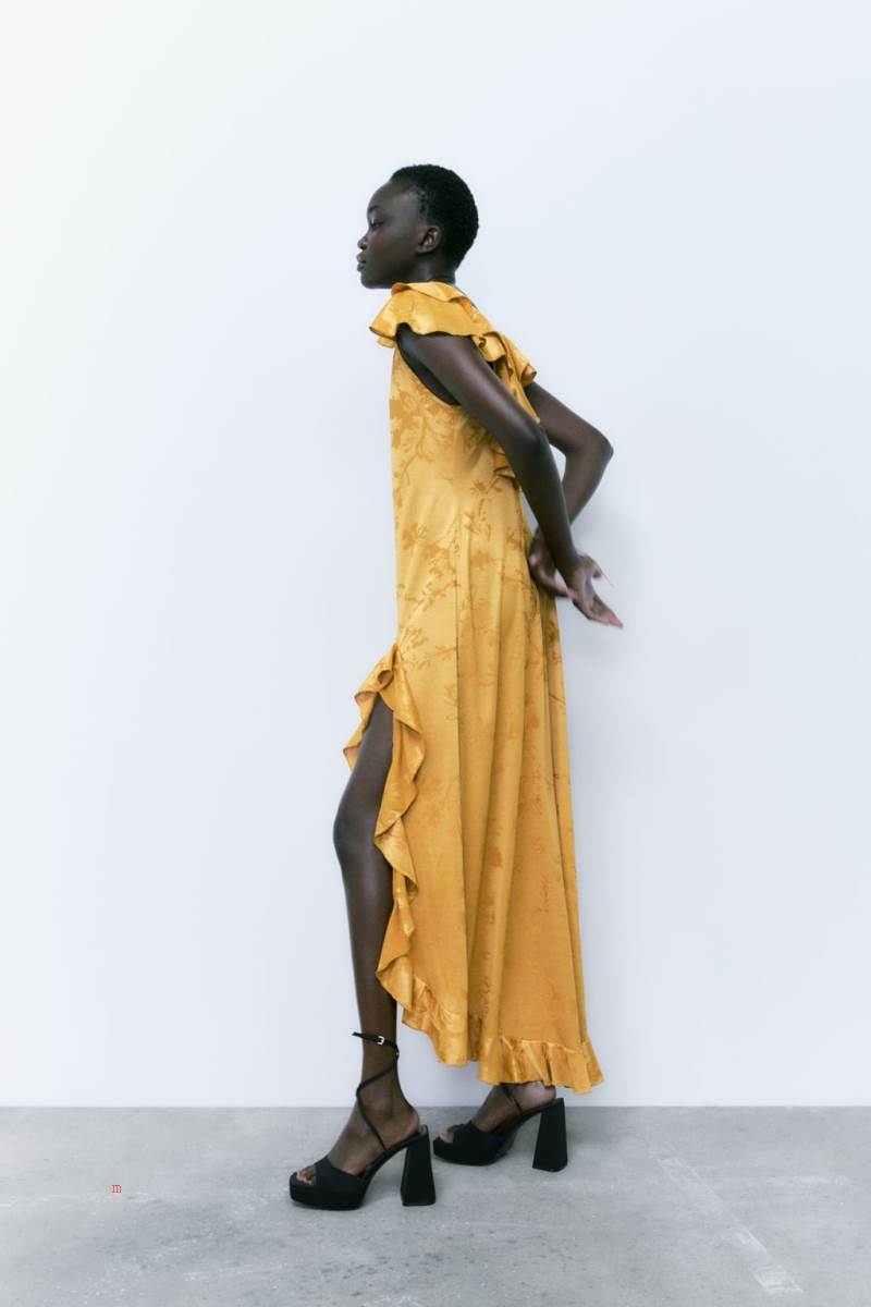 ZARA JACQUARD MAXI WITH RUFFLES Klänning Dam Guld | NXZFB-7216