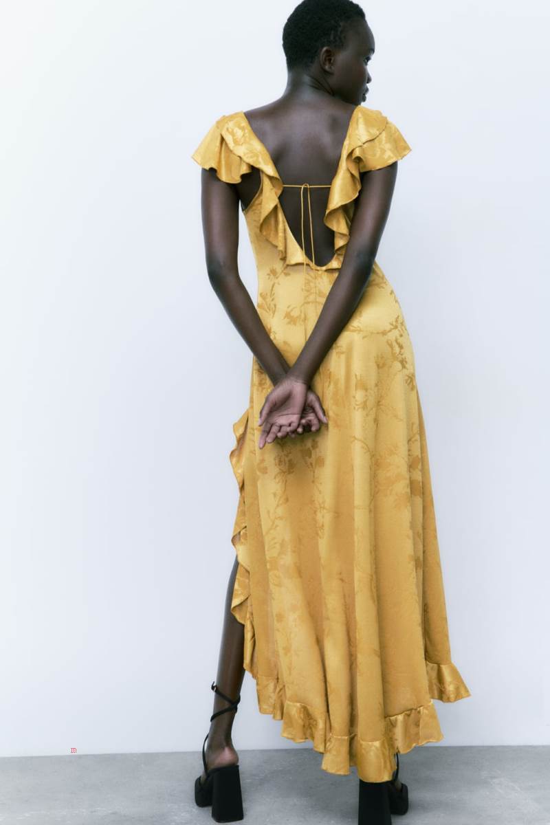 ZARA JACQUARD MAXI WITH RUFFLES Klänning Dam Guld | NXZFB-7216