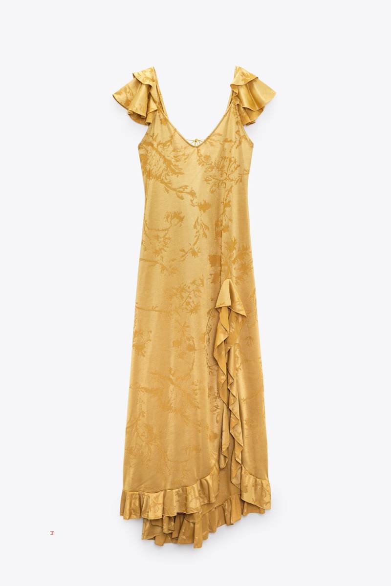 ZARA JACQUARD MAXI WITH RUFFLES Klänning Dam Guld | NXZFB-7216