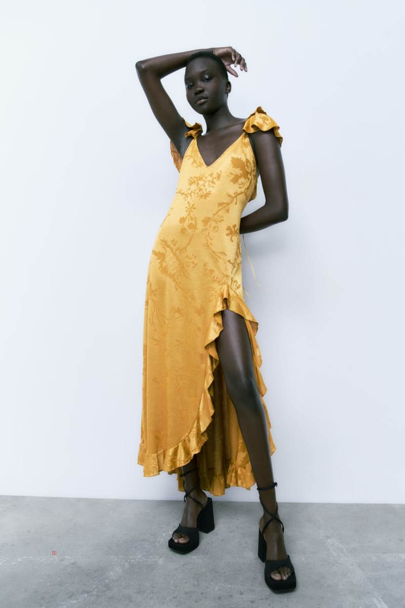 ZARA JACQUARD MAXI WITH RUFFLES Klänning Dam Guld | NXZFB-7216