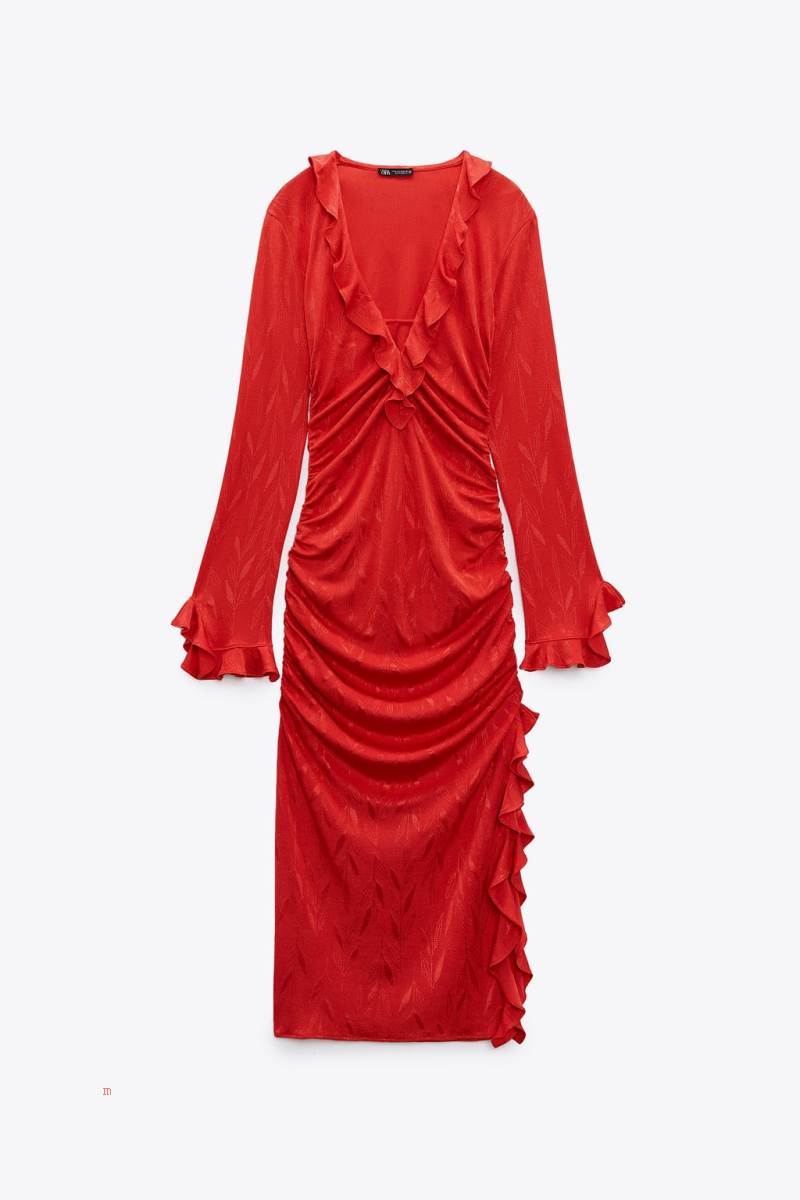 ZARA JACQUARD WITH RUFFLES Klänning Dam Röda | CNTRG-6479