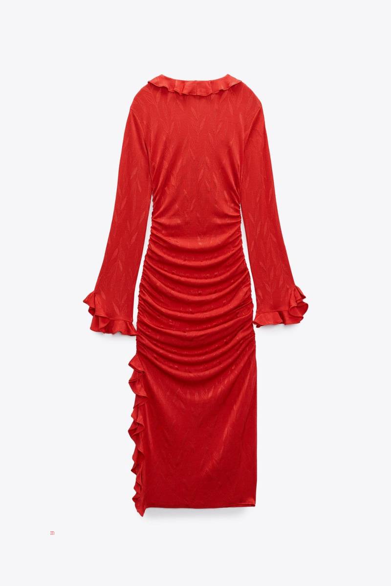 ZARA JACQUARD WITH RUFFLES Klänning Dam Röda | CNTRG-6479