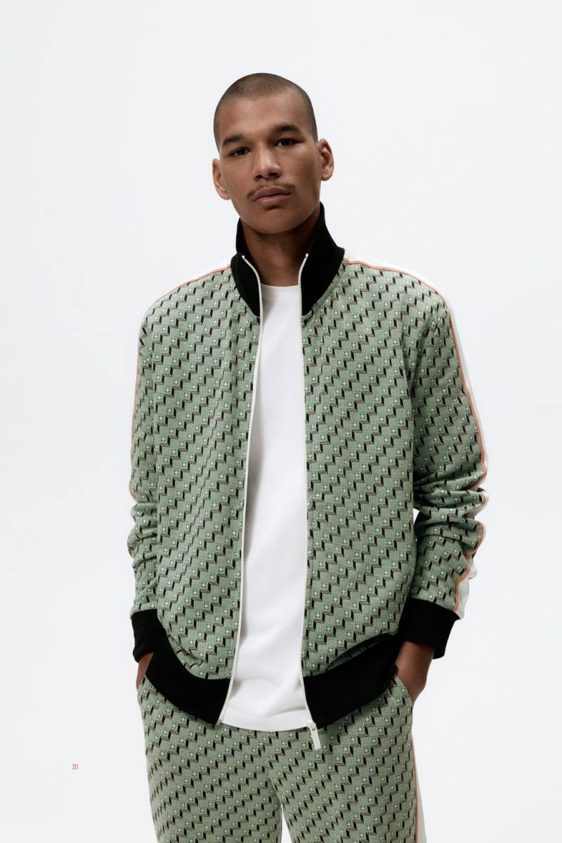 ZARA JACQUARD ZIP-UP Sweatshirt Herr Gröna | WDQXJ-2708
