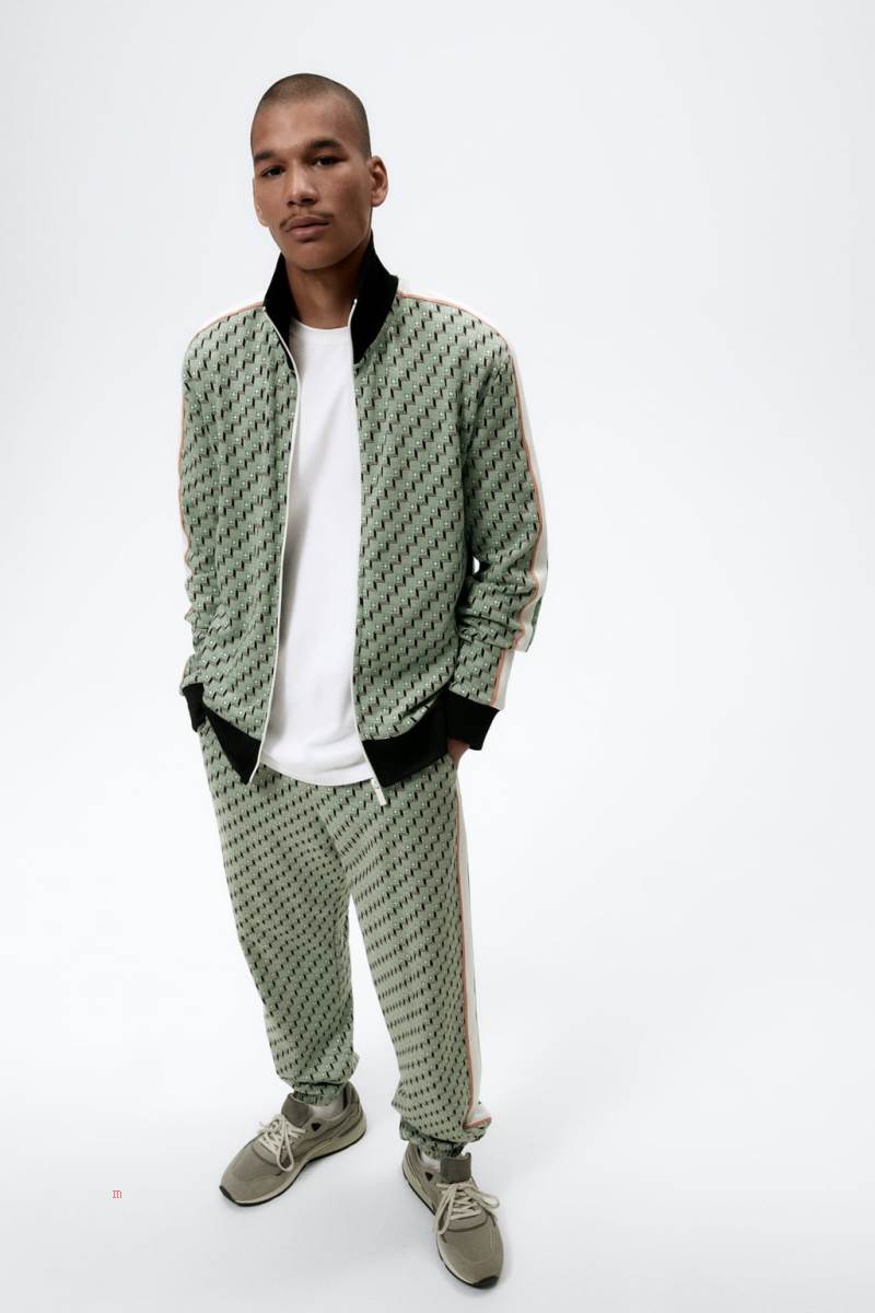 ZARA JACQUARD ZIP-UP Sweatshirt Herr Gröna | WDQXJ-2708