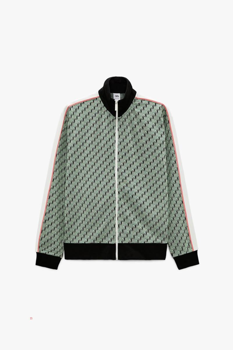 ZARA JACQUARD ZIP-UP Sweatshirt Herr Gröna | WDQXJ-2708