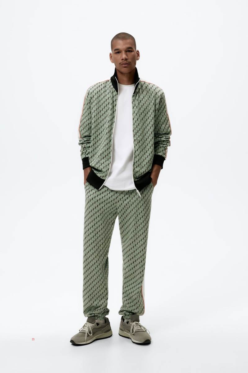 ZARA JACQUARD ZIP-UP Sweatshirt Herr Gröna | WDQXJ-2708