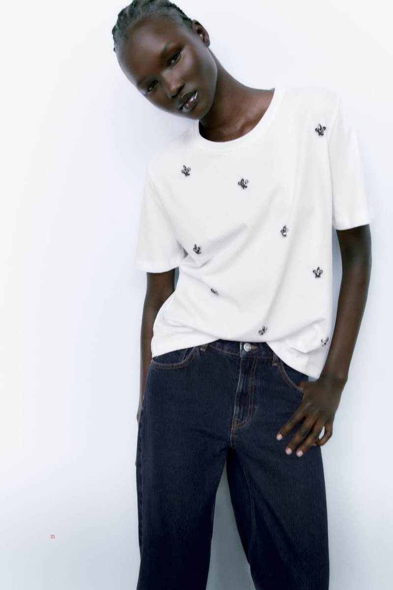 ZARA JEWELLED T-shirt Dam Vita | SJOWQ-6598