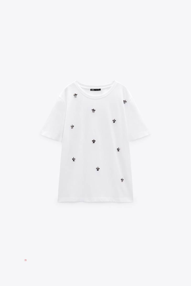ZARA JEWELLED T-shirt Dam Vita | SJOWQ-6598