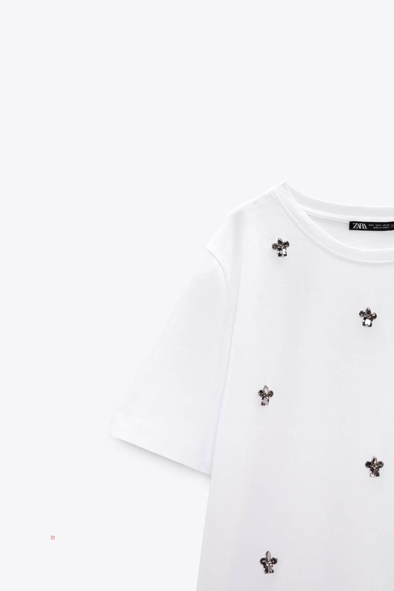 ZARA JEWELLED T-shirt Dam Vita | SJOWQ-6598