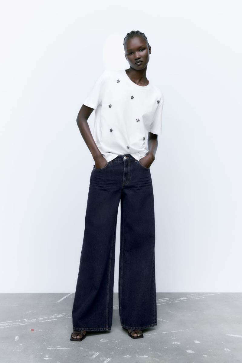 ZARA JEWELLED T-shirt Dam Vita | SJOWQ-6598