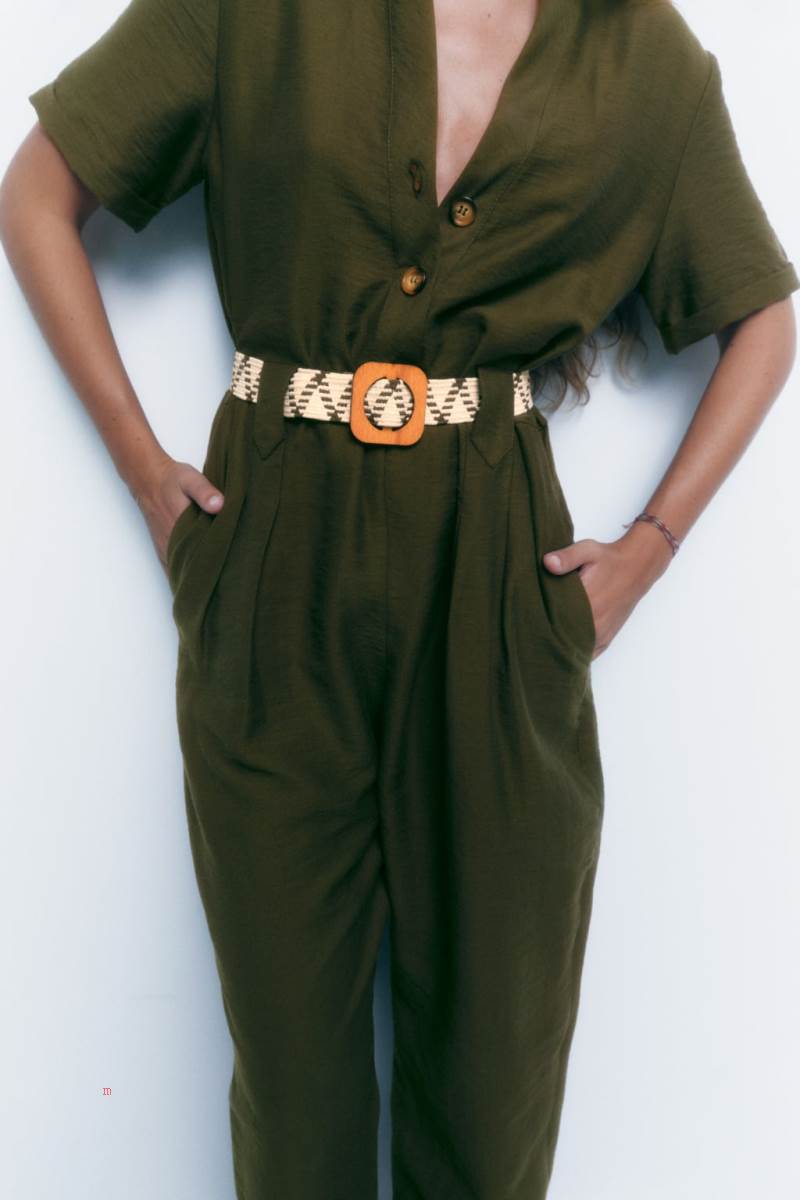 ZARA JUMPSUIT WITH CONTRAST BELT Jumpsuit Dam Mörkkhaki | QUCAB-6724