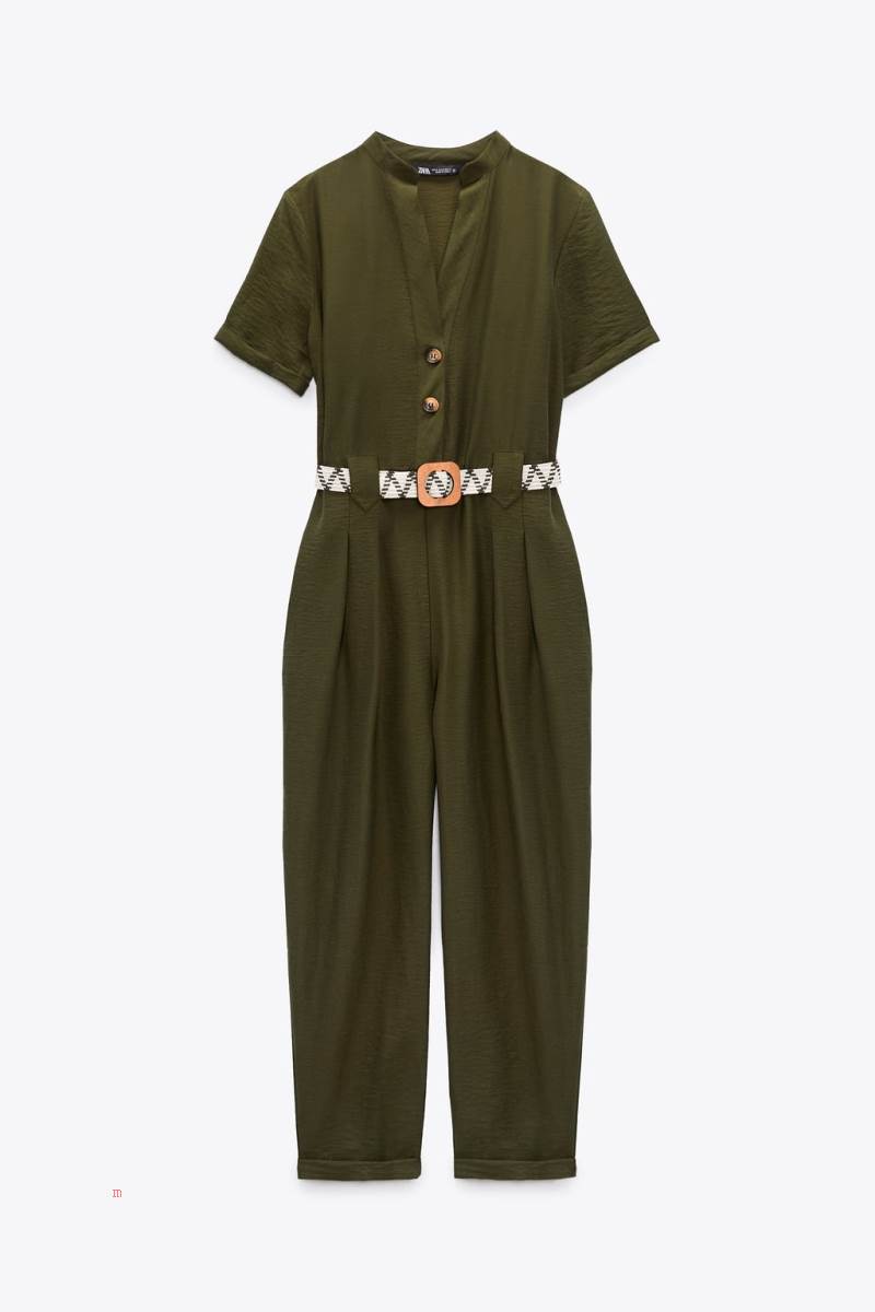 ZARA JUMPSUIT WITH CONTRAST BELT Jumpsuit Dam Mörkkhaki | QUCAB-6724