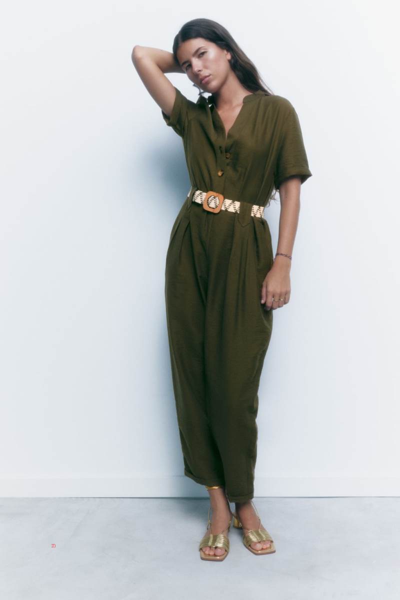 ZARA JUMPSUIT WITH CONTRAST BELT Jumpsuit Dam Mörkkhaki | QUCAB-6724