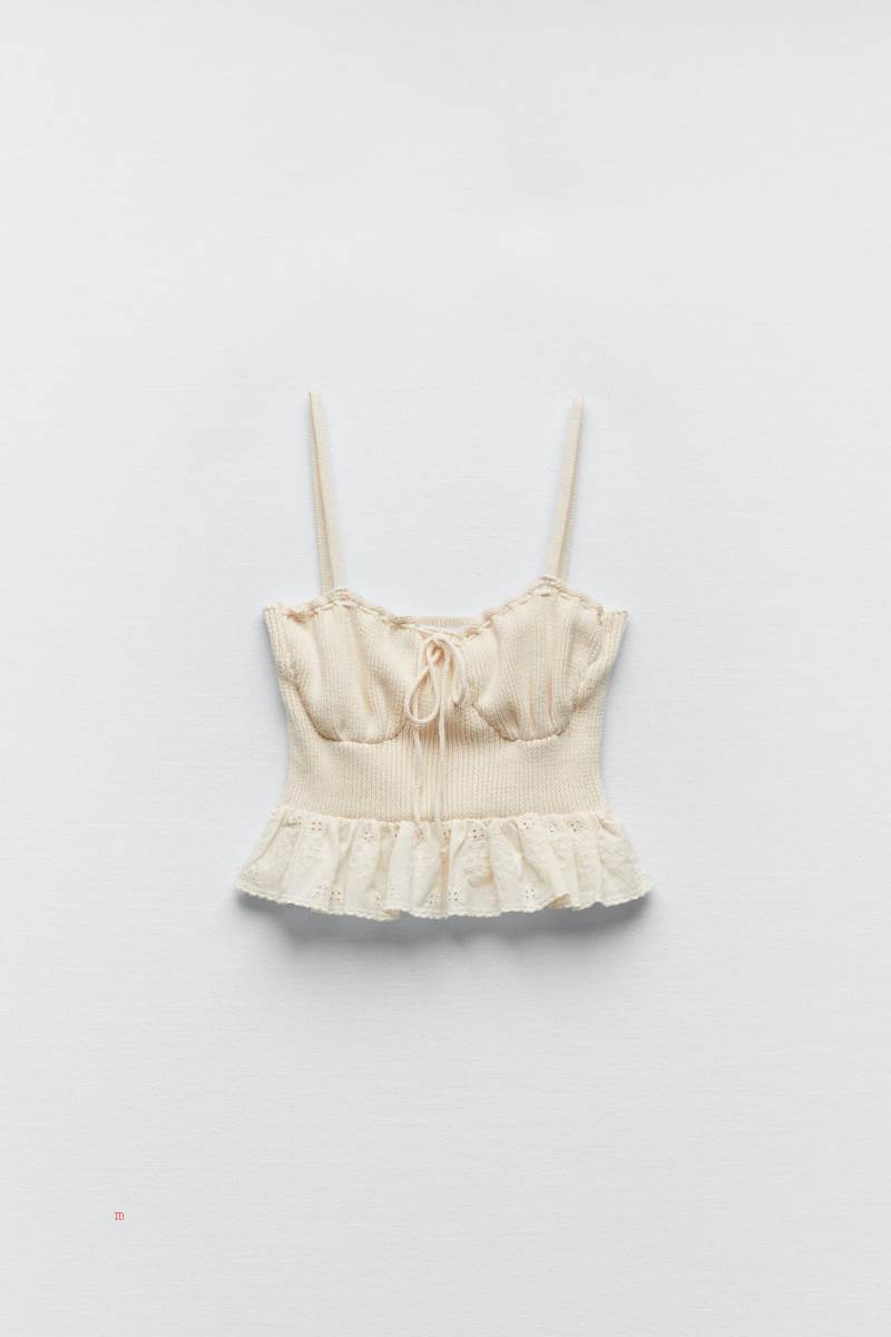 ZARA KNIT COTTON CORSETRY-INSPIRED TOP Crop Top Dam Grå Vita | QAWXT-7364