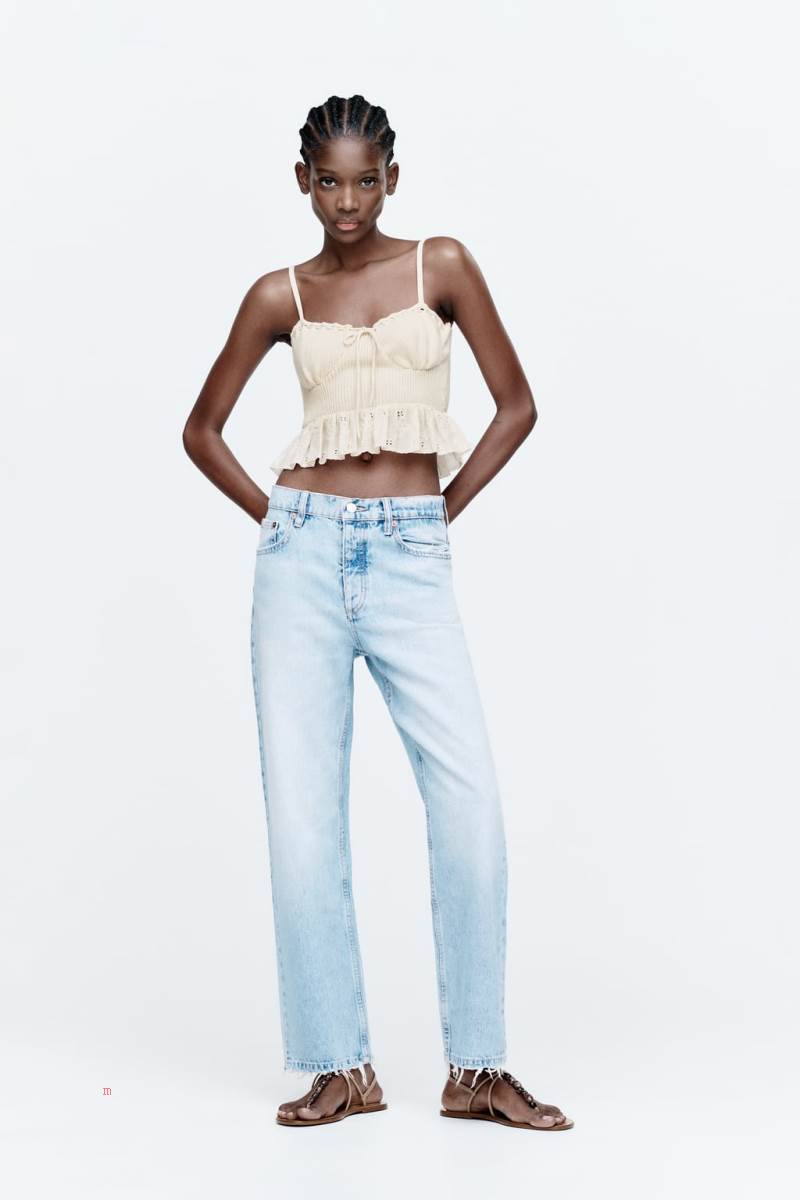 ZARA KNIT COTTON CORSETRY-INSPIRED TOP Crop Top Dam Grå Vita | QAWXT-7364