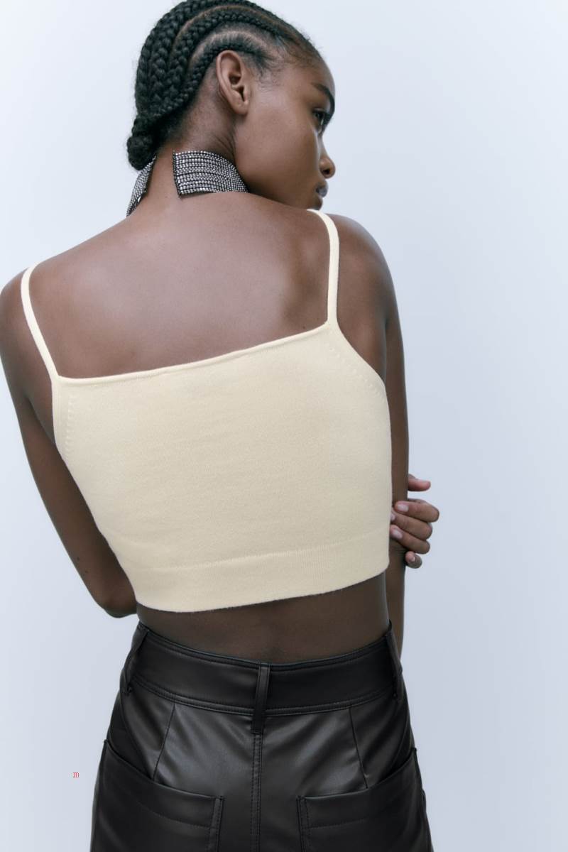 ZARA KNIT Crop Top Dam Grädde | VXMKU-4293