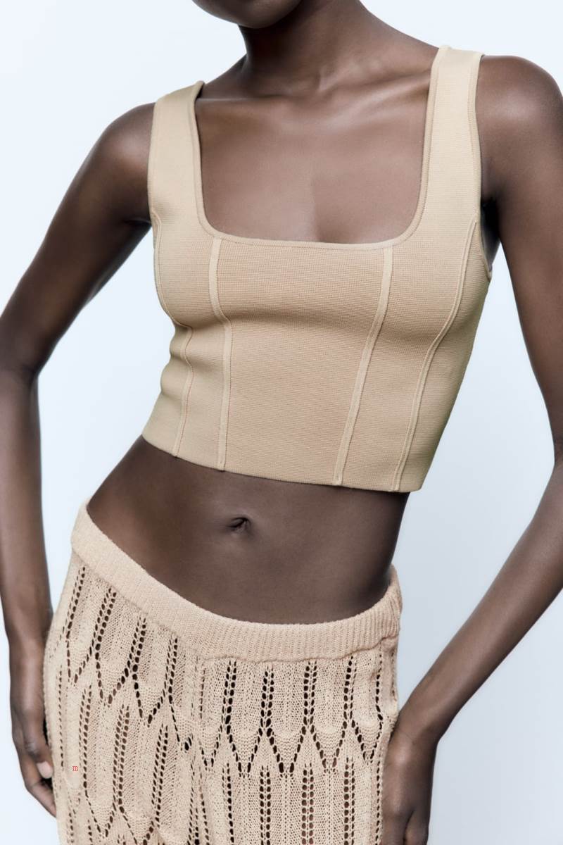 ZARA KNIT Crop Top Dam Rosa Beige | YZXSD-6581