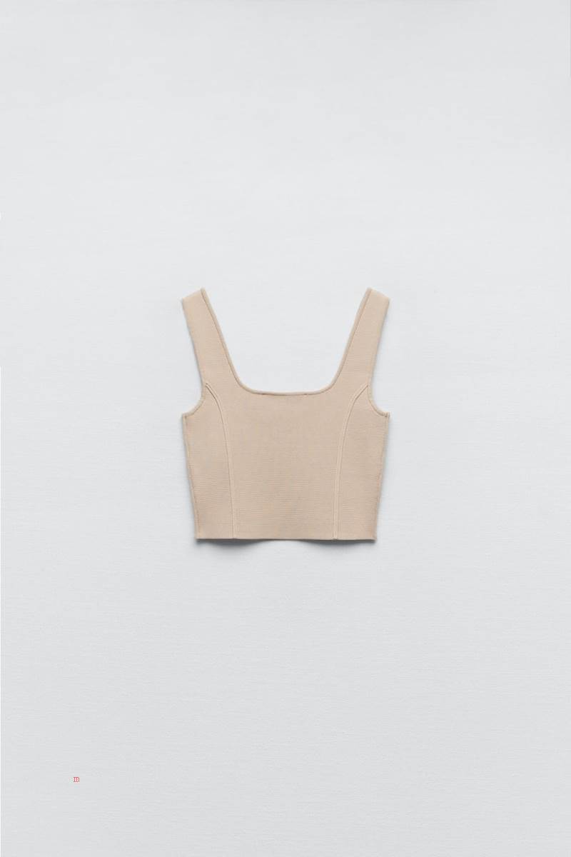 ZARA KNIT Crop Top Dam Rosa Beige | YZXSD-6581