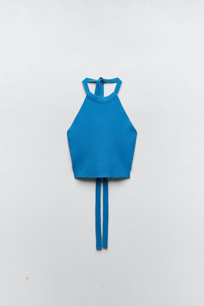ZARA KNIT HALTERNECK TOP Crop Top Dam Blå | GEMLF-0431