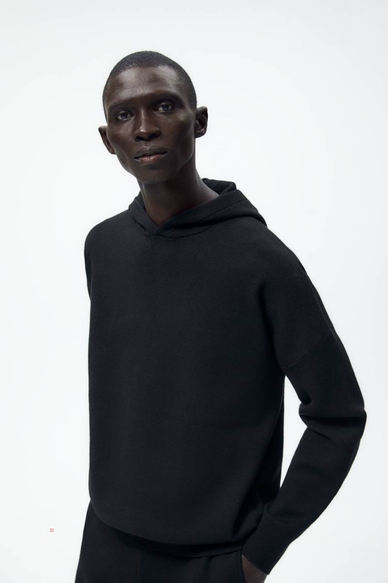 ZARA KNIT Hoodie Herr Svarta | FKXGU-0248