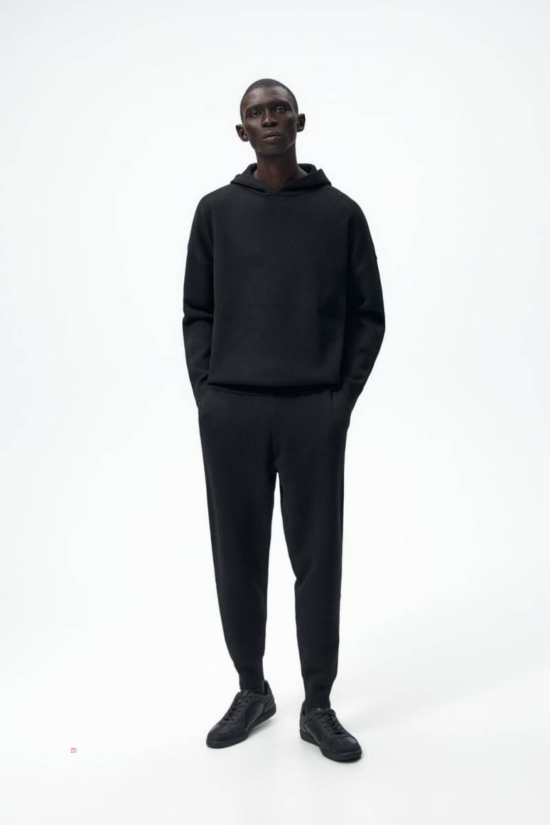 ZARA KNIT Hoodie Herr Svarta | FKXGU-0248