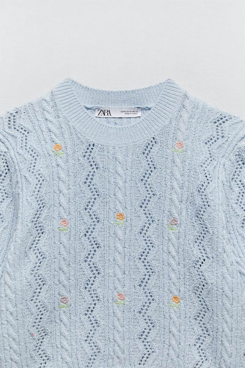ZARA KNIT TOP WITH FLORAL EMBROIDERY Stickat Dam Ljusblå | BZVMY-9651