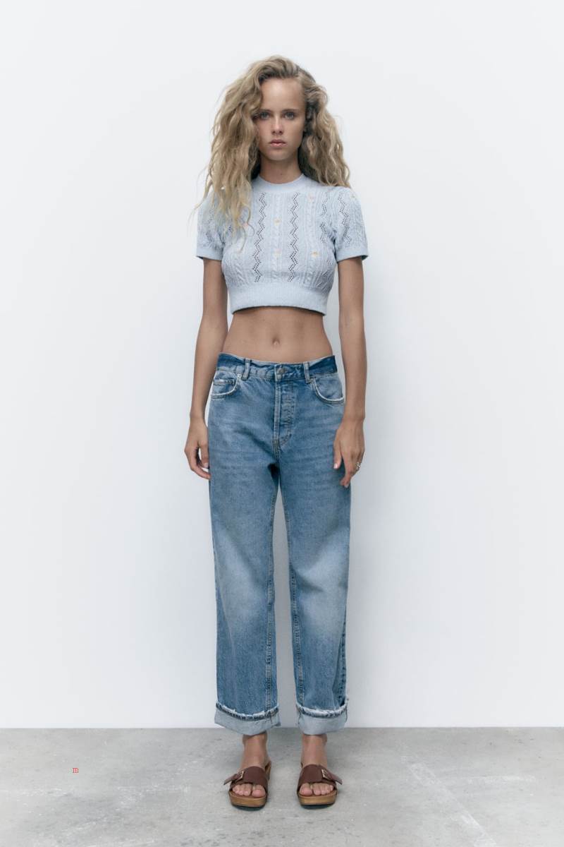 ZARA KNIT TOP WITH FLORAL EMBROIDERY Stickat Dam Ljusblå | BZVMY-9651