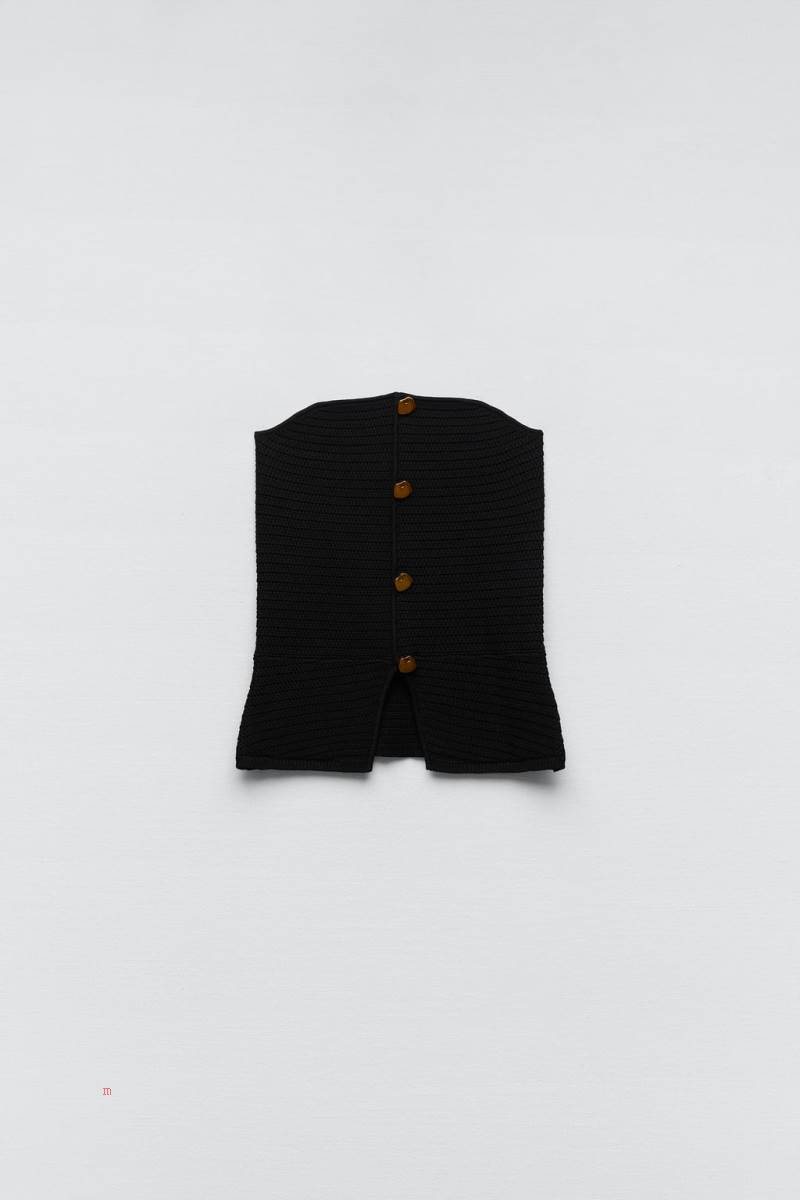ZARA KNIT TOP WITH GOLD BUTTONS Stickat Dam Svarta | QOKLP-2938