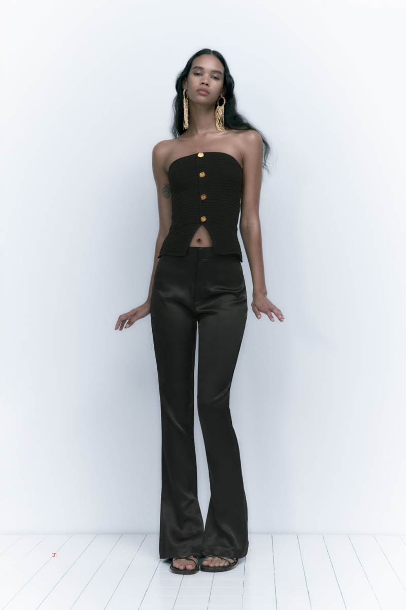 ZARA KNIT TOP WITH GOLD BUTTONS Stickat Dam Svarta | QOKLP-2938