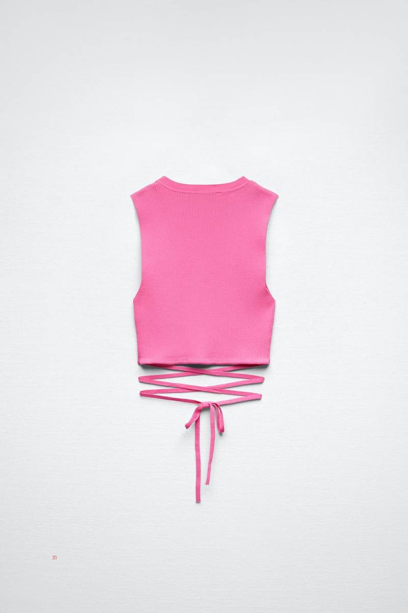 ZARA KNIT TOP WITH KNOT AT THE WAIST Crop Top Dam Rosa | UEQNK-5267